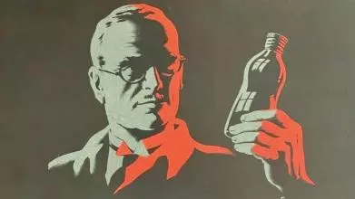 An old advert for blood transfusions of a scientist holding a bottle